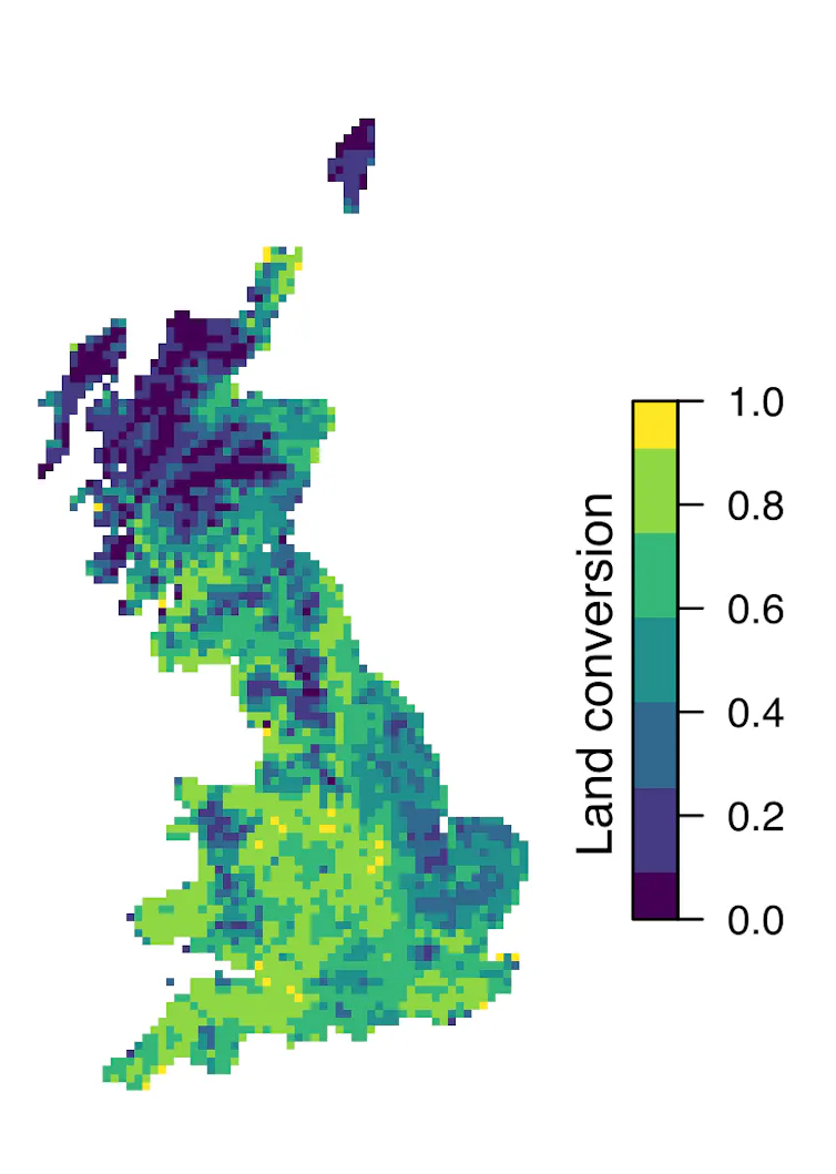 A digital map showing the proportion of land converted in Britain between the 1930s and 2007.