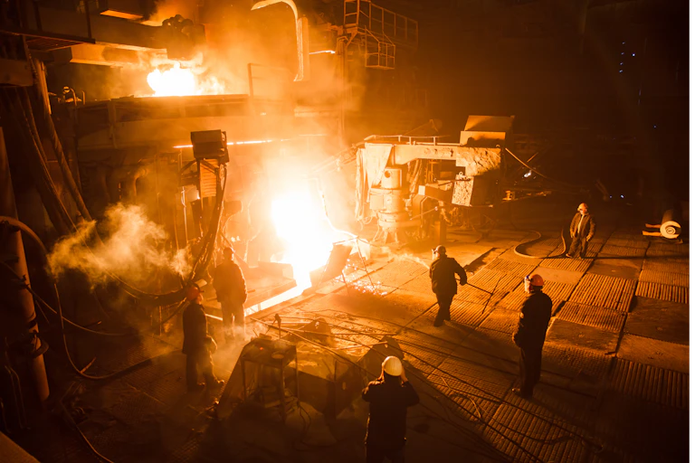Workers in a steel plant stand around a furnace containing hot metal.