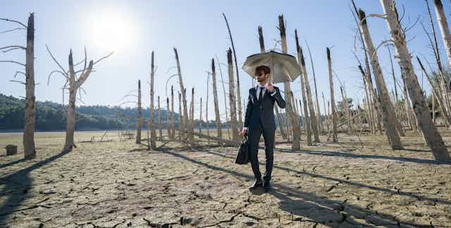 A businessman holding a laptop case and an umbrella stands on cracked earth surrounded by dead trees.