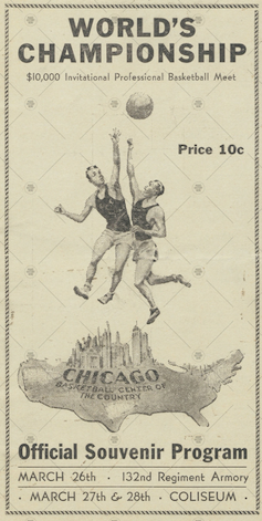 Old program for the first Basketball World's Championship features two players jumping for a ball above a map of the United States, wtih Chicago's skyline emerging from the center of the map.