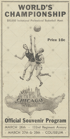 Old program for the first Basketball World's Championship features two players jumping for a ball above a map of the United States, wtih Chicago's skyline emerging from the center of the map.