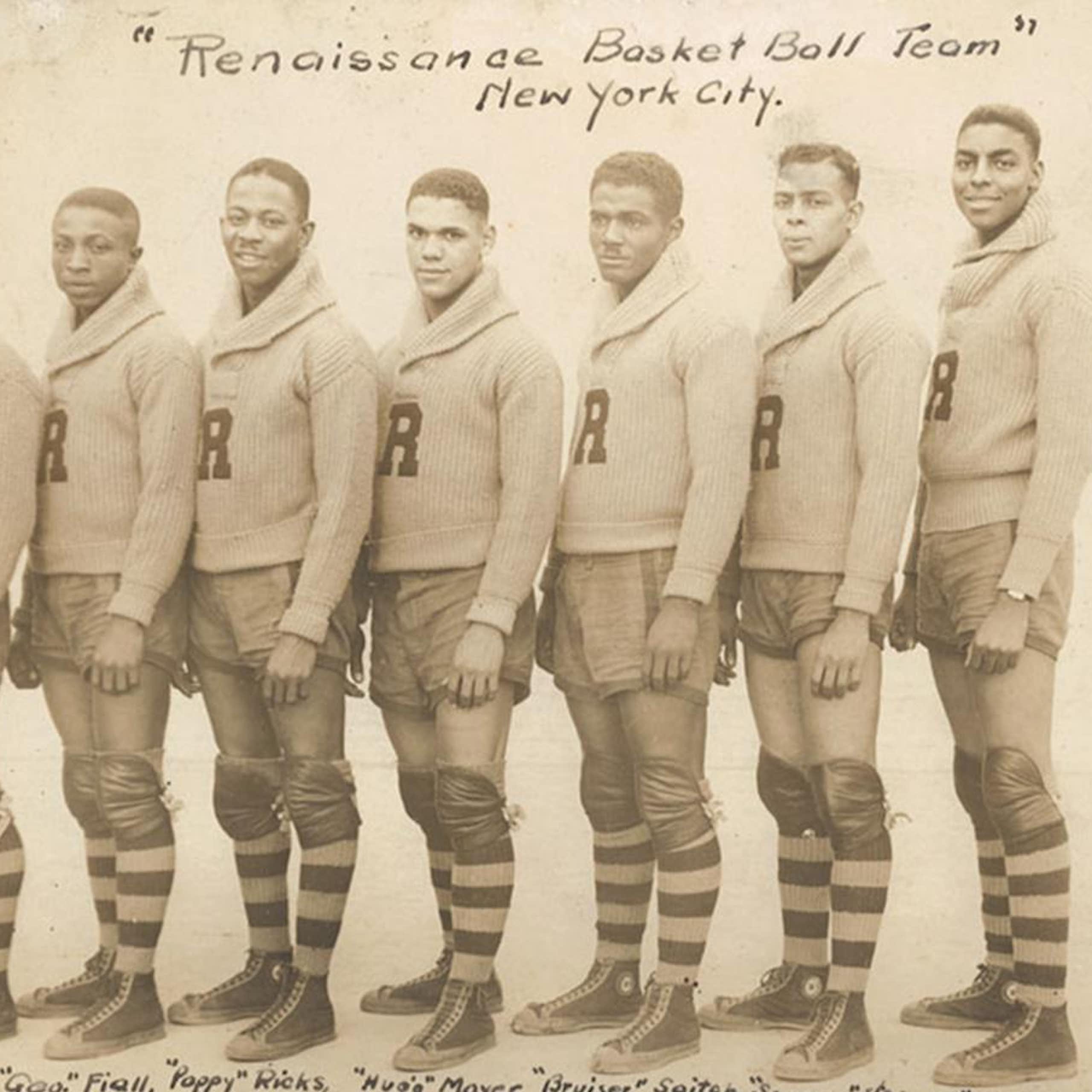 Faded sepia photograph of seven young Black men wearing sweaters with the letter 'R' stitched to the front.