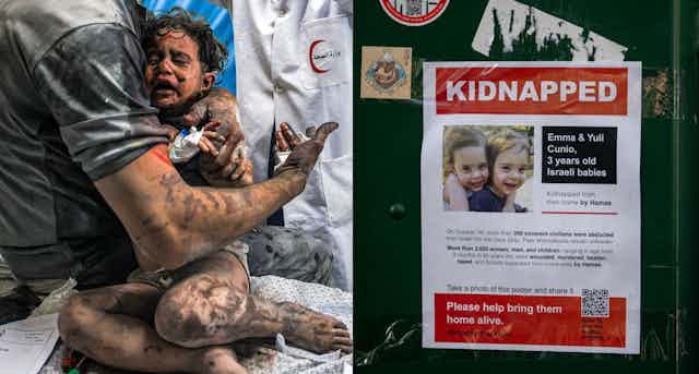 Foto de uma criança palestina muito ferida no colo de um homem e outra foto de um cartaz onde se vê foto de duas crianças e escrito em inglês "sequestradas".