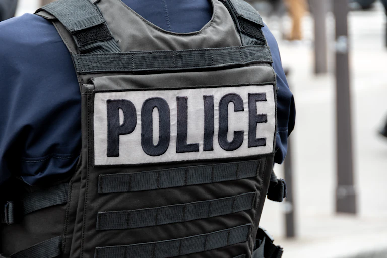 Back view of someone wearing a bulletproof vest marked "police".
