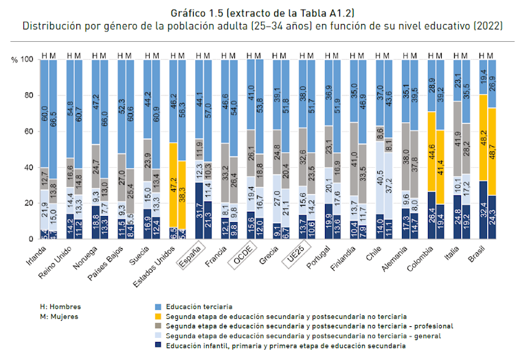 En España el 31 % de los hombres y el 21 % de las mujeres de entre 25 y 35 años no tienen el nivel mínimo de estudios considerados obligatorios (no han terminado 4º de la ESO). La cifra en la OCDE es del 13,8 % y en la UE del 12,2 %.