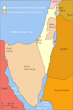 Map of the six-day war showing territory held by Israel  before and after the conflict.