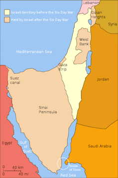 Map of the six-day war showing territory held by Israel before and after the conflict.