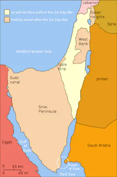 Map of the six-day war showing territory held by Israel before and after the conflict.
