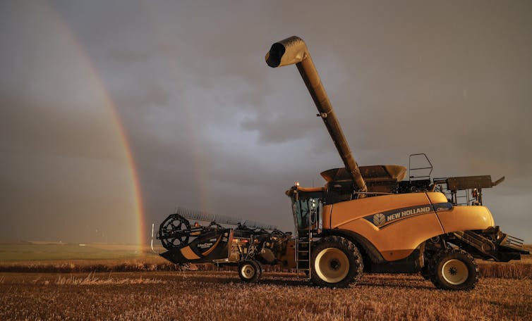 A rainbow behind a wheat harvesting combine machine.