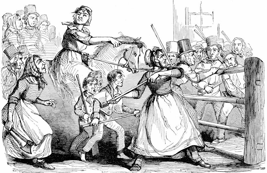 An illustration from 1843 showing men dressed as women attacking men in top hats behind a gate. 