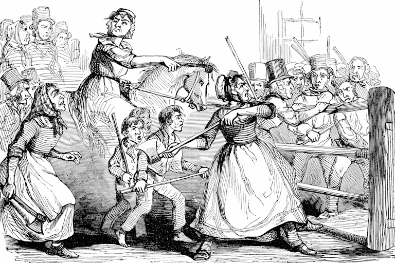 An illustration from 1843 showing men dressed as women attacking men in top hats behind a gate.