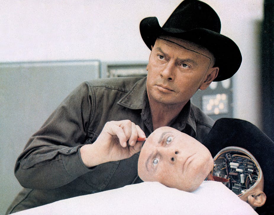 Yul Brynner in Westworld with an animatronic version of his face. 