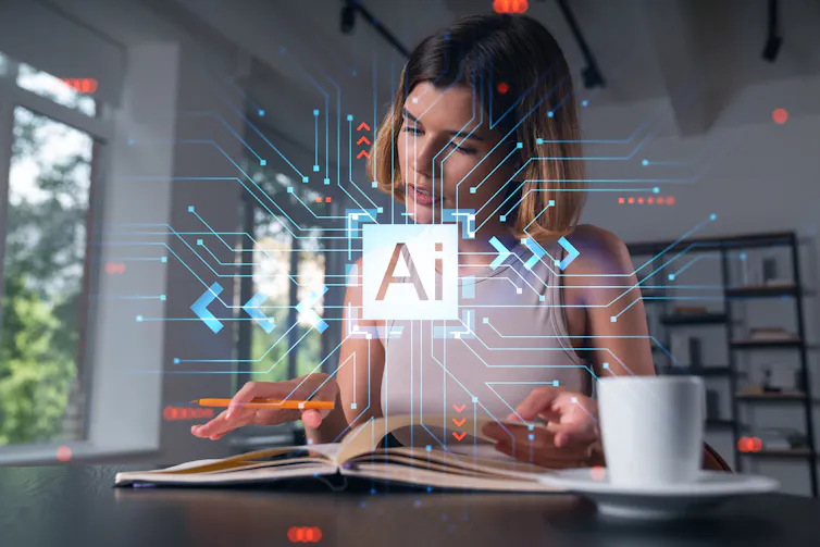 AI graphics superimposed over a woman doing research