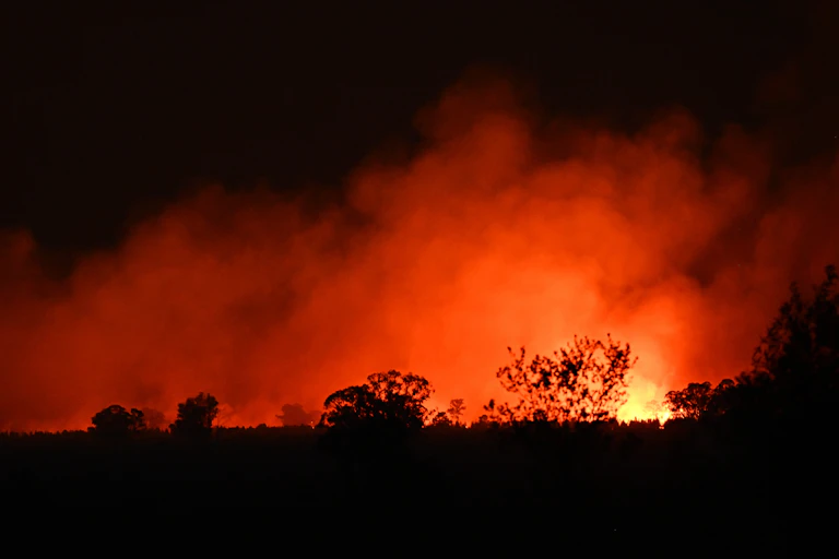nighttime fires in Queensland. Night sky, burning trees