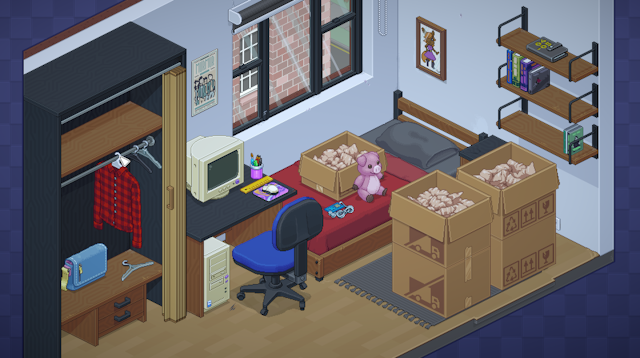 A screenshot from the game Unpacking displays objects such as clothes, toys, chairs and pictures in a bedroom, which is also filled with moving boxes.