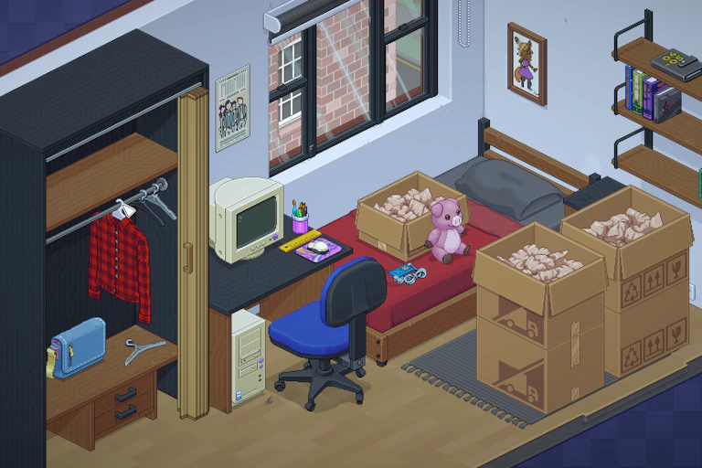 A screenshot from the game Unpacking displays objects such as clothes, toys, chairs and pictures in a bedroom, which is also filled with moving boxes.