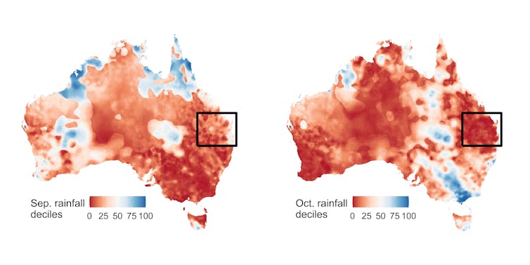 rainfall map of Australia Sept Oct 2023, showing red rainfall deficits almost everywhere