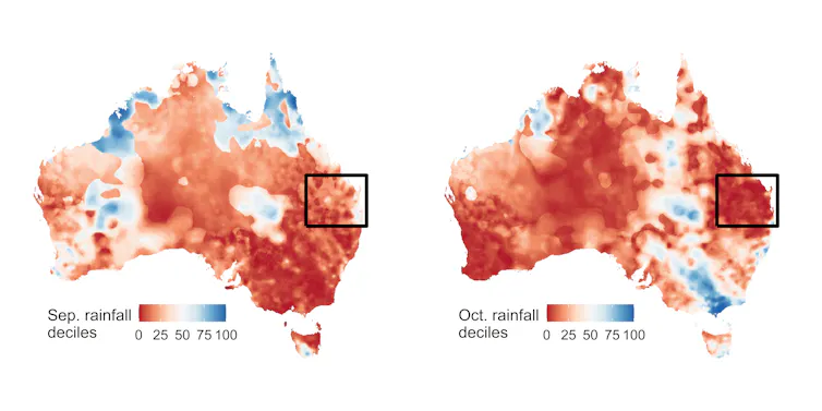 rainfall map of Australia Sept Oct 2023, showing red rainfall deficits almost everywhere