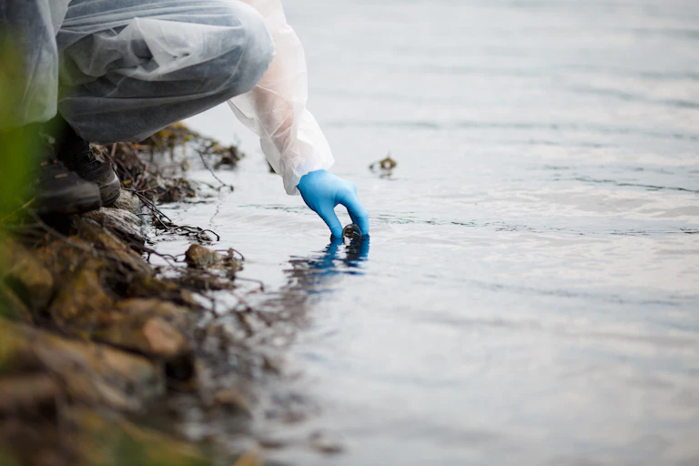 Person wearing blue gloves takes water sample from a river