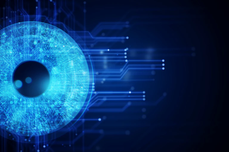 Abstract image of human eye with retinal circuit on a black background.