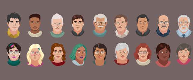 Illustrated faces of young and old people.