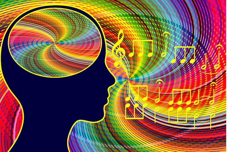 Illustration of a person's brain when listening to musical notes.