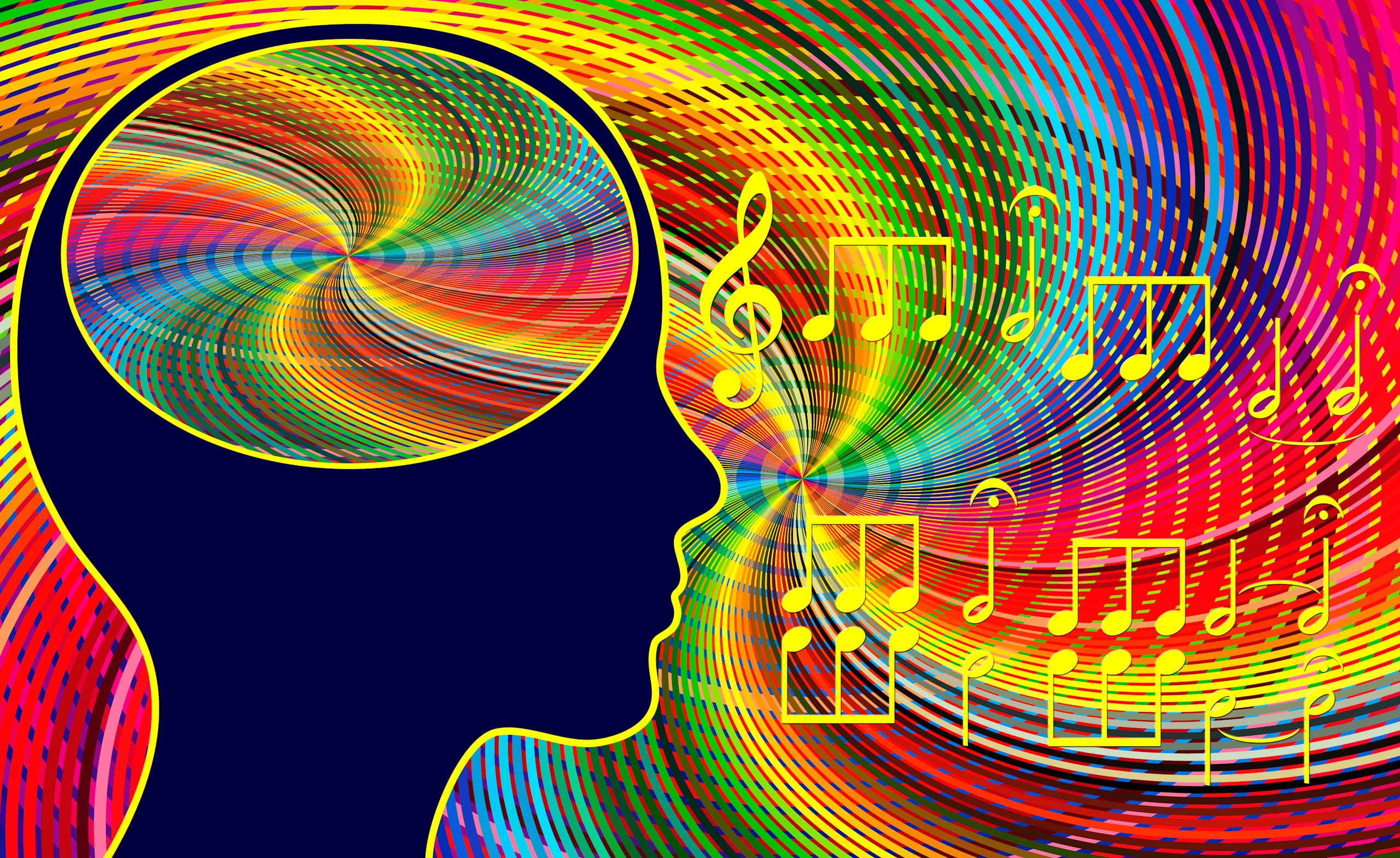 Illustration of a person's brain when listening to musical notes.