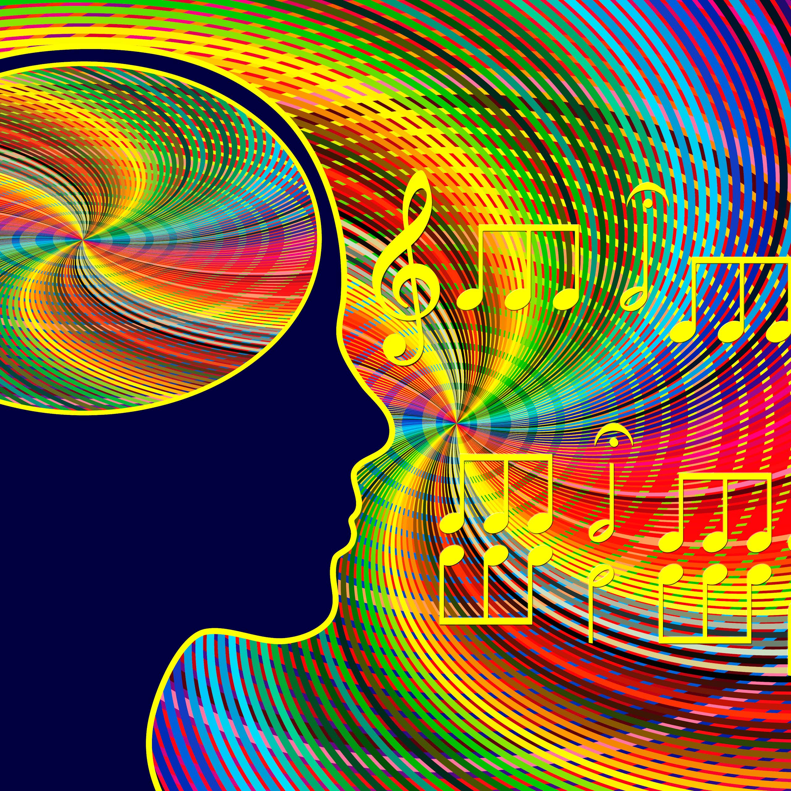 Illustration of a person's brain when listening to musical notes.