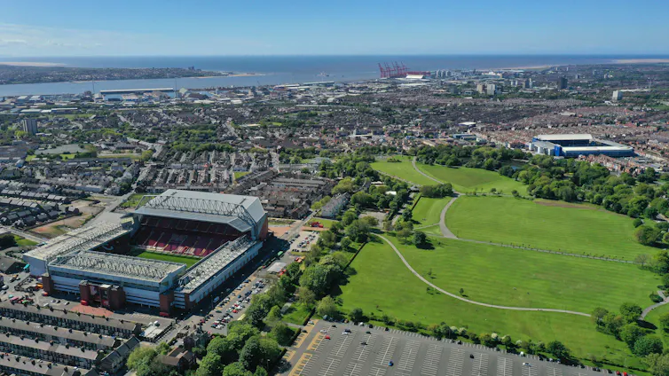 aerial view of Liverpool's two biggest football stadiums.