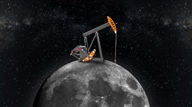 The Moon, with a gray and orange mining drill on top.