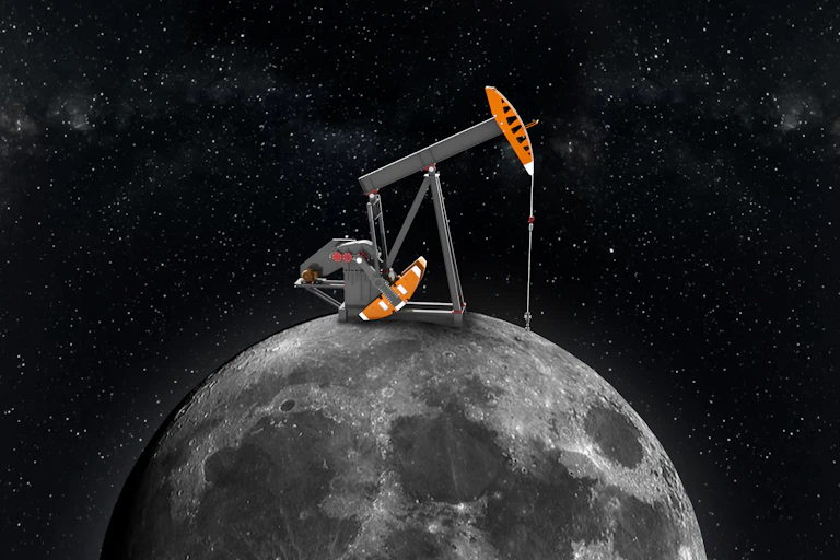 The Moon, with a gray and orange mining drill on top.