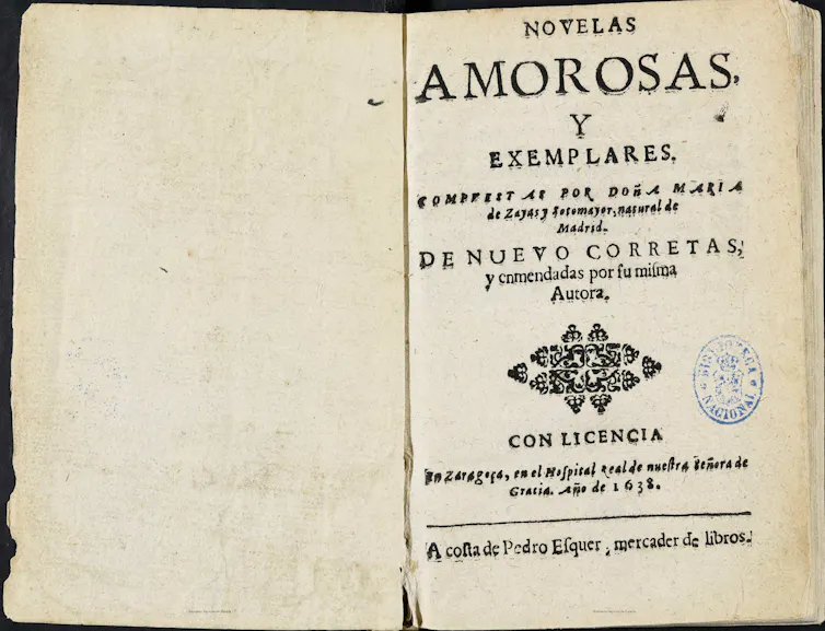 Portada de las _Novelas amorosas y exemplares_ atribuida a María de Zayas.