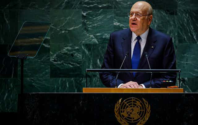 Lebanese caretaker prime minister, Najib Azmi Mikati, speaks at a restrum in the UN general assembly.