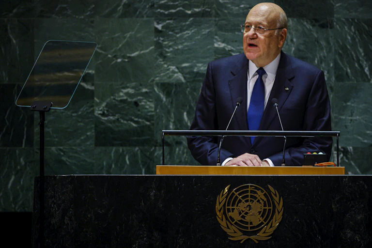 Lebanese caretaker prime minister, Najib Azmi Mikati, speaks at a restrum in the UN general assembly.