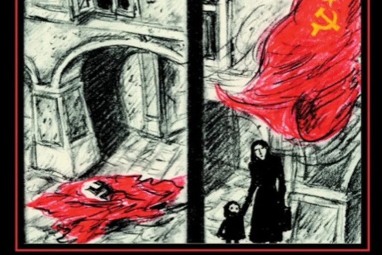 Black and white image of girl clutching a doll next to two panels showing a red flag with swastika rumpled on the ground and another image showing mother holding small child's hand looking at red flag with sicle and cythe.