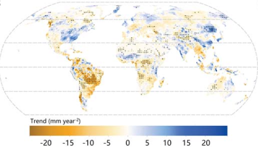 الاتجاهات في توافر المياه 2001-2020. يتميز نصف الكرة الجنوبي باللون البرتقالي أكثر من اللون الأزرق