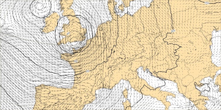 A chart showing how winds closely follow the direction of isobars.