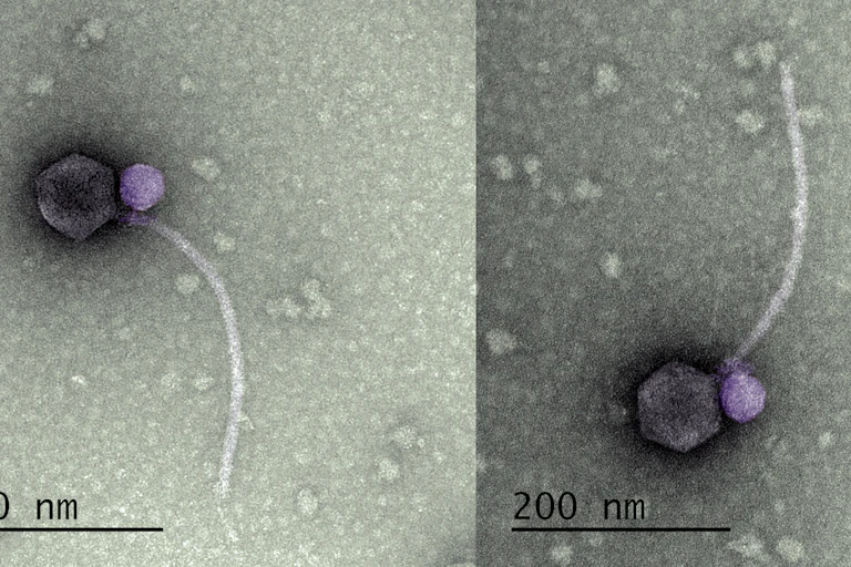 Microscopy images of a small round virus colored violet attached to the base of a larger round virus colored gray with a long tail