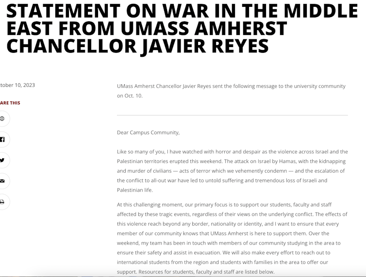 A screenshot showing a portion of a statement from UMASS Amherst Chancellor Javier Reyes on the war.