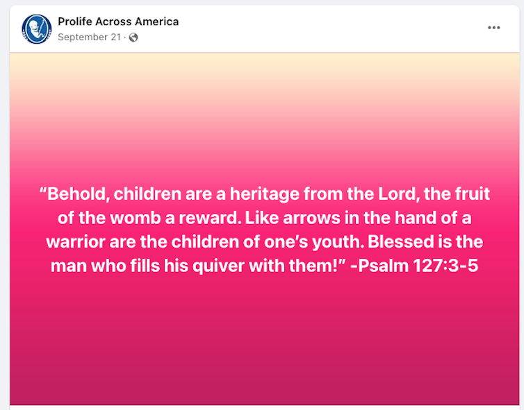 A Facebook post shows the words, 'Behold, children are a heritage from the Lord, the fruit of the womb a reward. Like arrows in the hand of a warrior are the children of one’s youth. Blessed is the man who fills his quiver with them!