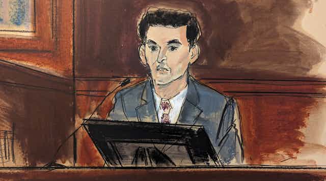 A courtroom sketch of Sam Bankman-Fried, a man with short black hair in a grey suit and tie sitting in the dock.