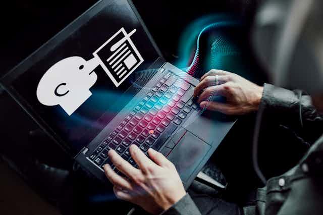 a person's hands resting on a laptop that's displaying a cartoon image of a head with an elongated nose that's poking through a representation of text on a page