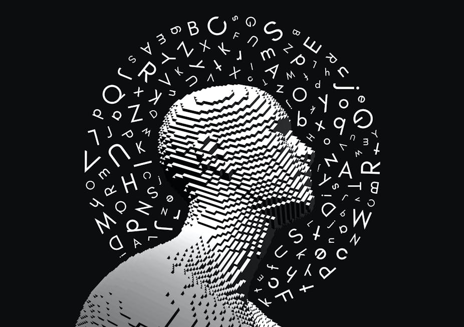 Illustration of a halo of letters surrounding a topographic side profile of a person