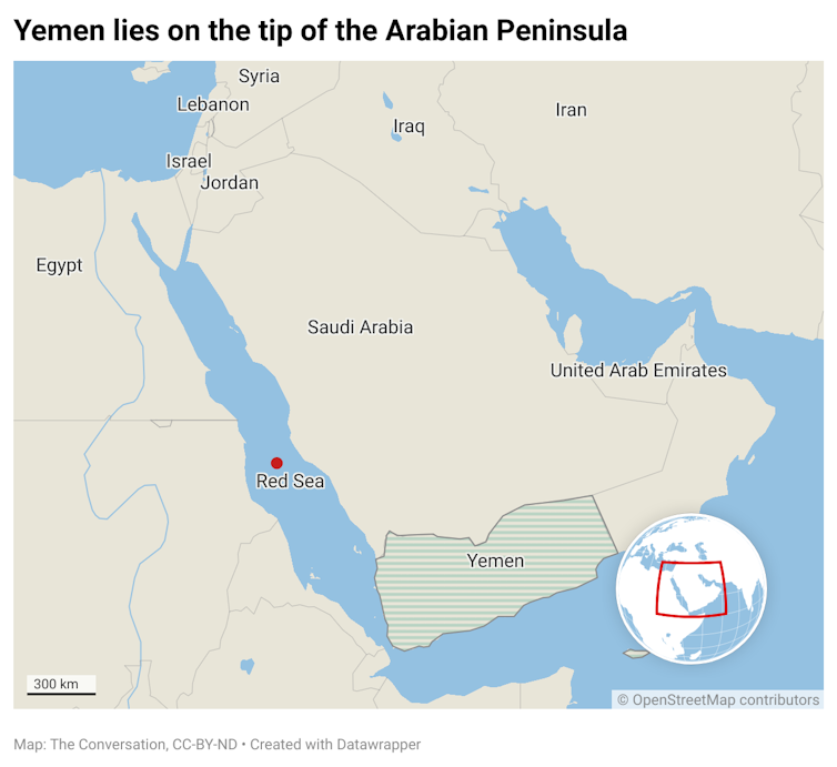 Yemen lies on the tip of the Arabian Peninsula.