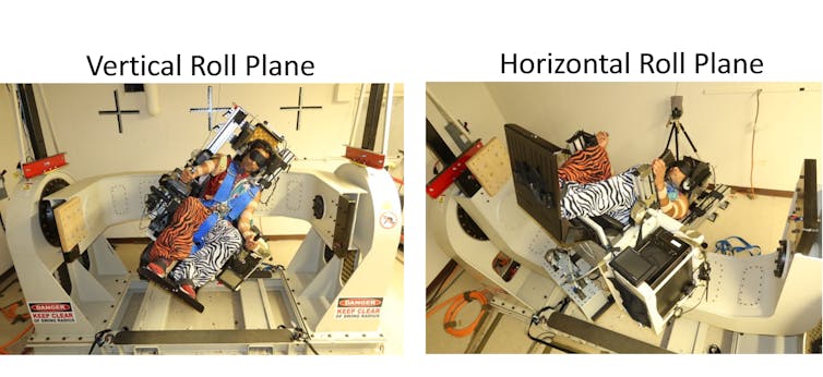 Two photos, the left labeled 'Vertical roll plane' shows a participant strapped into a chair that's tilted with his head to the right and feet to the left, but oriented upright. The right, lableled 'horizontal roll plane' shows the participant tilted back