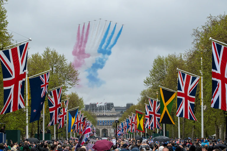Red Arrows fly over The Mall for the Coronation of King Charles III, London, UK