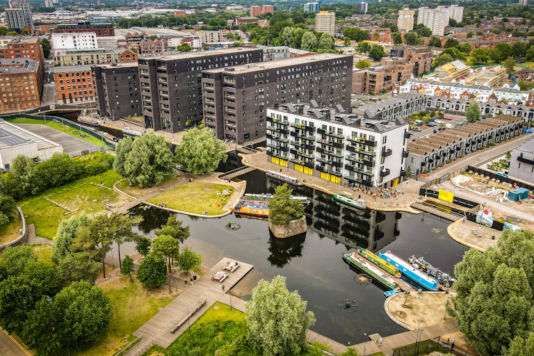 A drone view of a development.