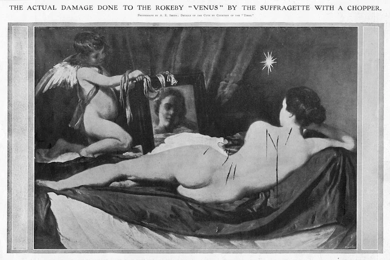 A news article showing the damage done to the Rokeby Venus by a suffragette