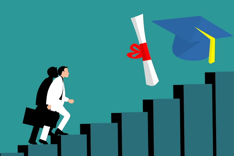 Illustration d’un salarié qui chemine vers un diplôme
