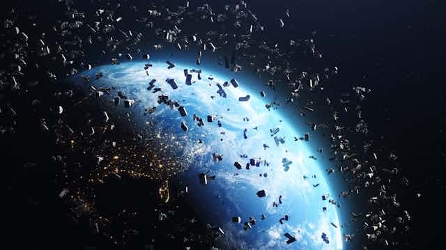 edited image of the earth surrounded by space debris